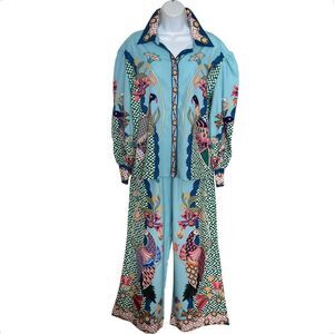 Light Blue Bird Print Two-Piece Shirt and Pants Set Size M